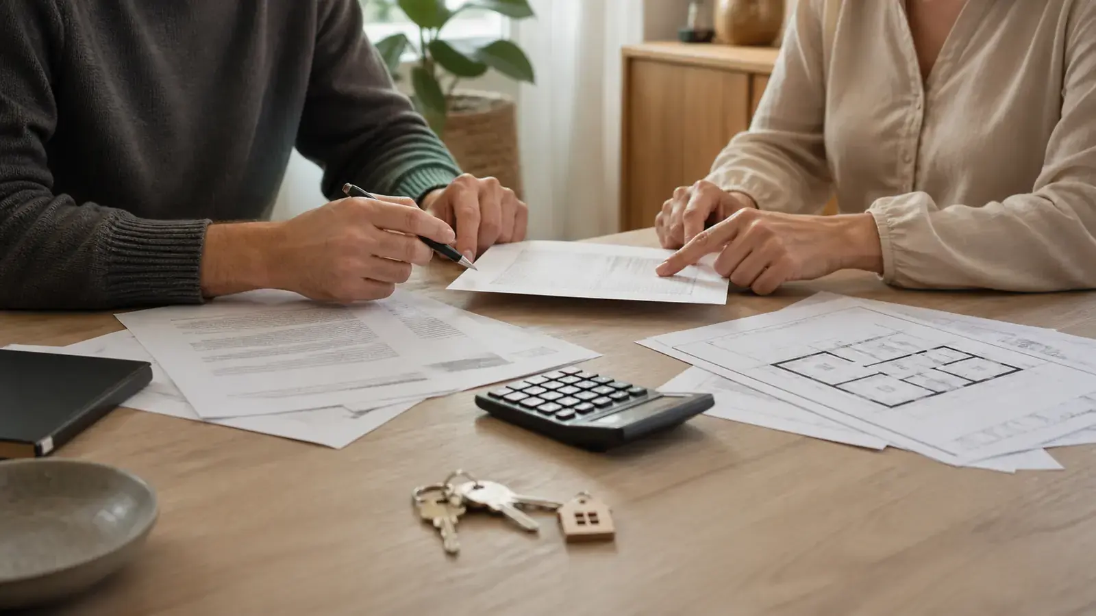 Dos personas revisando documentos y planos junto a una calculadora y unas llaves