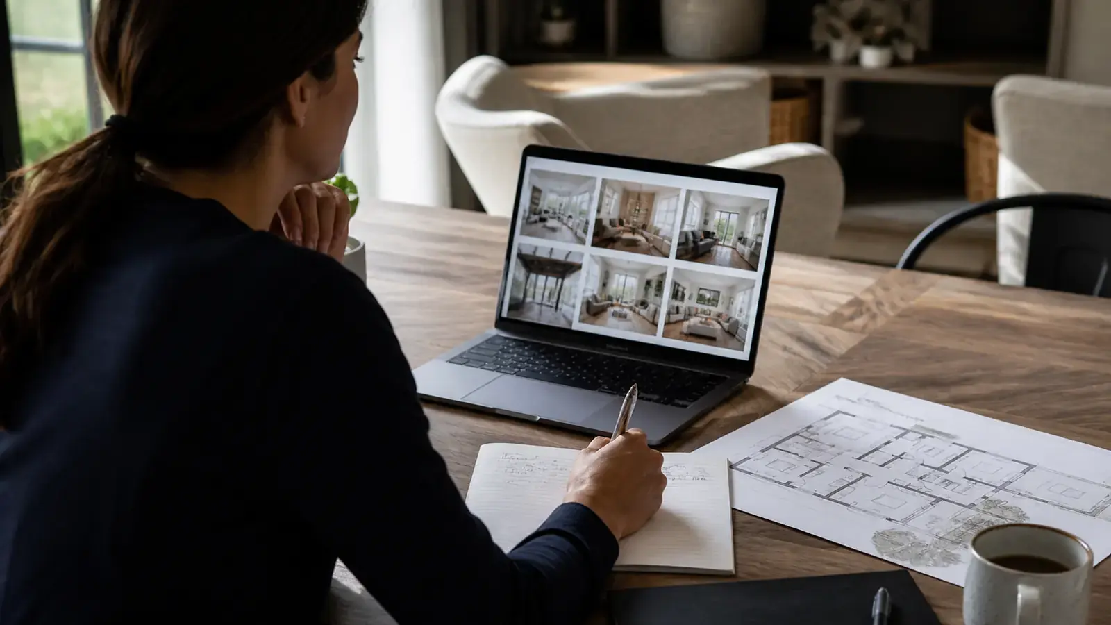 Mujer revisando fotografías de una vivienda en un portátil